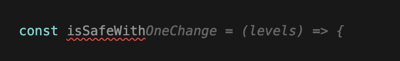 Cursor screenshot where I typed const and the function name 'isSafeWithOneChange' is suggested